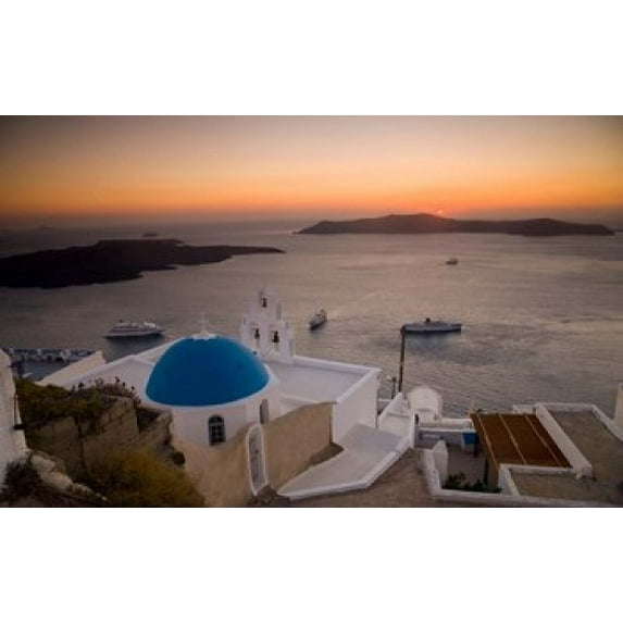 Blue Domed Church and Bell Tower, Fira, Santorini, Greece Poster Print by Darrell Gulin (36 x 23)