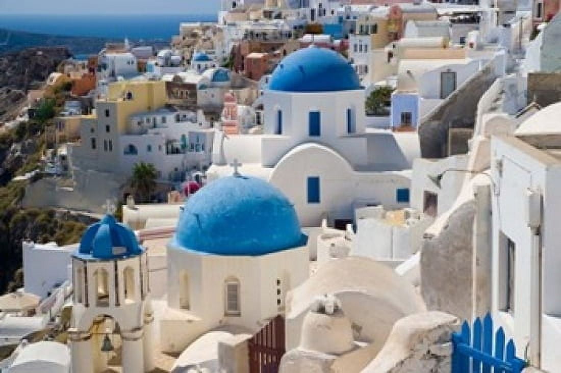 Blue Domed Churches Oia Santorini Greece Canvas Art - Darrell Gulin DanitaDelimont (17 x 11)