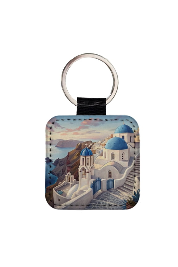 Blue Domes Of Oia Santorini Greece Aegean Sea Faux Leather Square Keychain