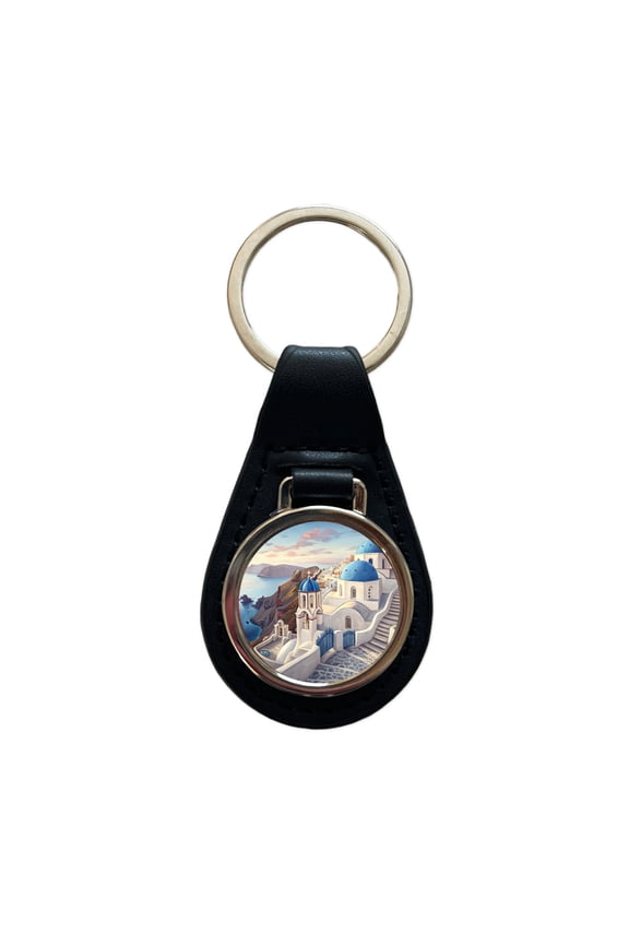 Blue Domes Of Oia Santorini Greece Aegean Sea Metal Black Leather Keychain