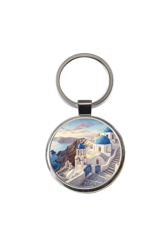 Blue Domes Of Oia Santorini Greece Aegean Sea Metal Round Keychain