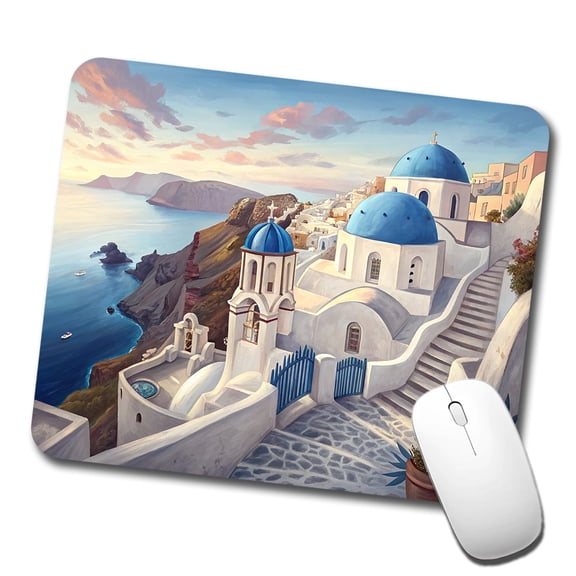 Blue Domes Of Oia Santorini Greece Aegean Sea Mouse Pad Low Profile Gaming Mat