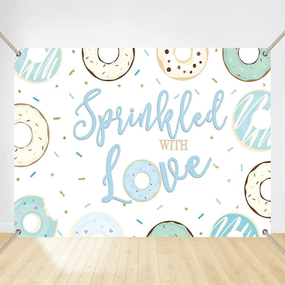 Blue Donut Sprinkled with Love Backdrop Boys Baby Shower Party Background Little Prince Confetti Birthday Cake Table Supplies Copper Grommets Banner