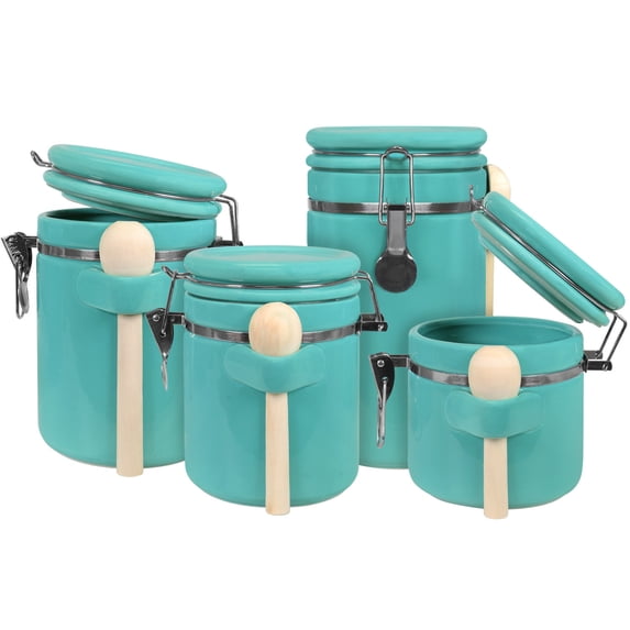 Blue Donuts 4Pc Ceramic Canister Set With Spoons