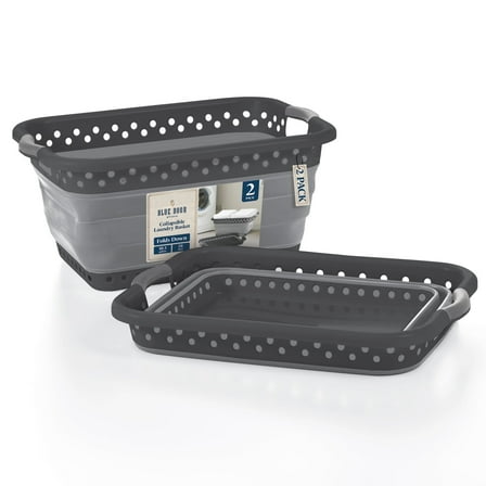Blue Door Collapsible Laundry Basket Portable Pop Up Plastic Laundry Hamper with Dual Grip, 10.5-Gallon Black 2pk