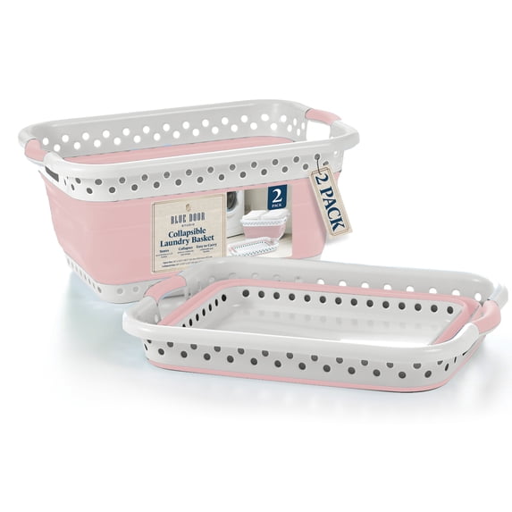 Blue Door Collapsible Laundry Basket Portable Pop Up Plastic Laundry Hamper with Dual Grip, 10.5-Gallon Pink 2pk