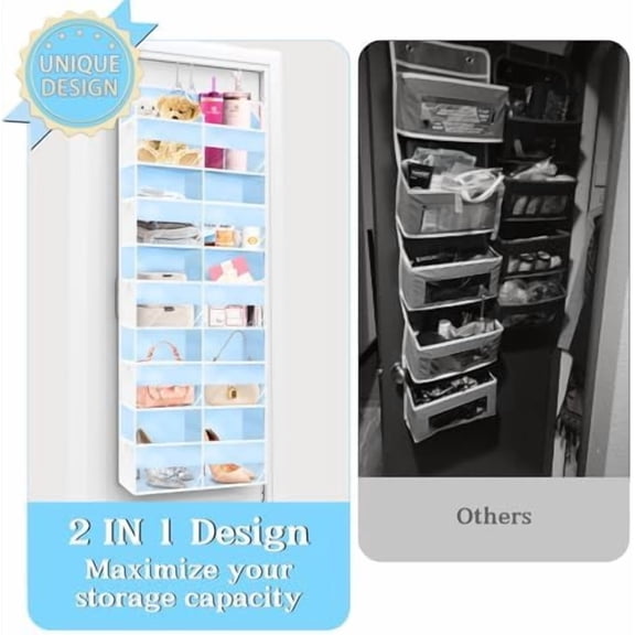 Blue Over the Door Organizer 5 Tiers, Extra Large Behind Door Storage of 10 Compartments, 80 lbs Weight Capacity Hanging Storage Organizer with Clear Window Kids Toys, Shoes, Diapers, Room storage