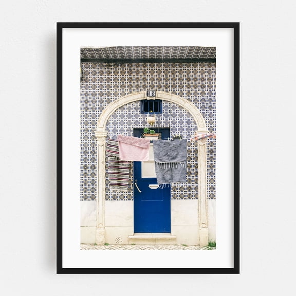 Blue Door in Portugal - Lisbon Portugal Photography Architecture Pattern Street Photography Travel Poster Vintage Rustic Cityscape Black Framed Wall Art Print 24 x 36 inches