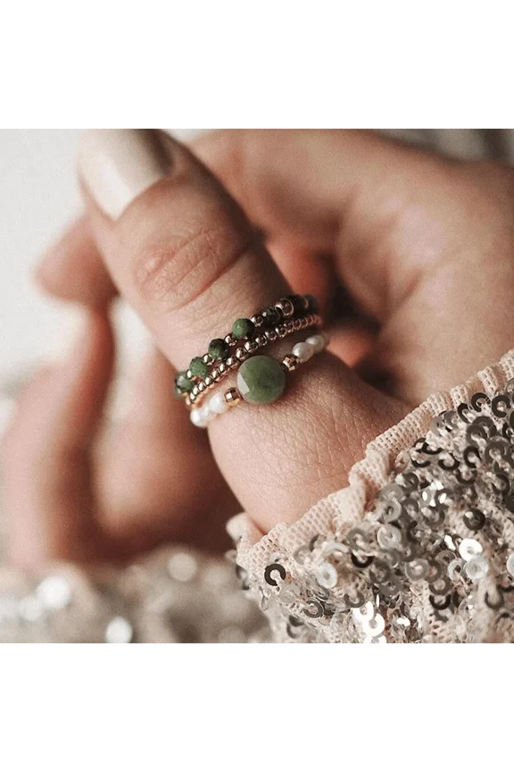 Blue Dot White 3-Piece Rose Quartz Stone & Faux Pearl Stacking Ring Set