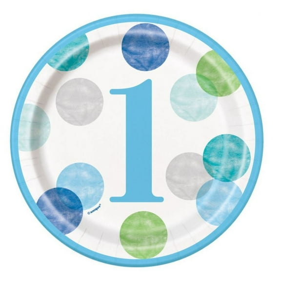 Blue Dots 1st Birthday Round 7" Dessert Plates, 8ct