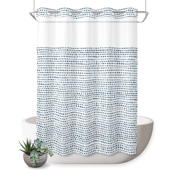 Blue Dots No Hook Shower Curtain Modern Abstract Geometric Minimalist Micro Dots Shower Curtain with See Through Top Window, Waterproof Washable Fabric Curtain for Bathroom Hotel Decor, 48Wx72L
