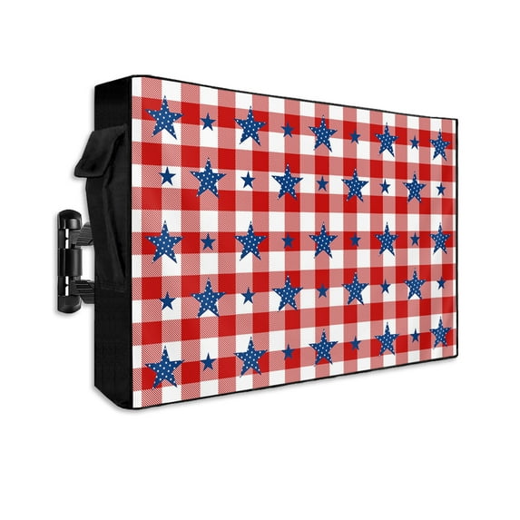 Blue Dots Star Independence Flag Outdoor TV Cover 60 to 65 Inch Waterproof, Red White Buffalo Checker Plaid 600D Oxford TV Covers with Zipper, Outside Flat TV Screen Protector 58"Wx37"Hx4.5"D