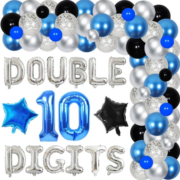Blue Double Digits Happy 10th Birthday Decoration, Blue Black Balloon Garland Arch Kit, Double Digits Letter Aluminum Film Balloons, Number 10 Foil Balloons for 10th Daughter Birthday Party Supplies