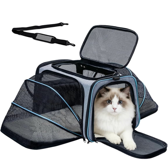 Blue Double Expandable Soft-sided Pet Carrier For Small Dogs Cats Under 15 Lbs