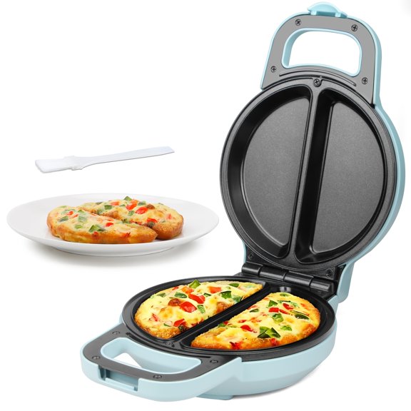Blue Double Omelette Maker with Dual 6.5 Inch Non-Stick Plates, Flip Design for Quick Omelets Burritos Breakfast Cooking Tool