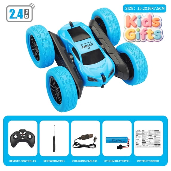 Blue Double Sided 360 Flip RC Stunt Car, Remote Control Off Road Drift Vehicle with LED Headlights, 2.4G Anti-Interference Rechargeable Toy, Christmas Birthday Gift for Kids Boys Girls Ages 6+