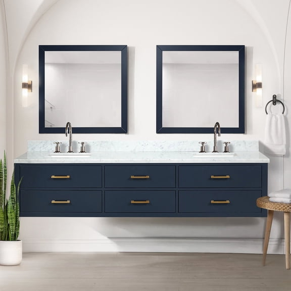 Blue Double Vanity with Carrara Marble and Chrome Faucets | Soft - Close Feature for Long - Lasting Use | Get a Vanity Cabinet with MDF Filler