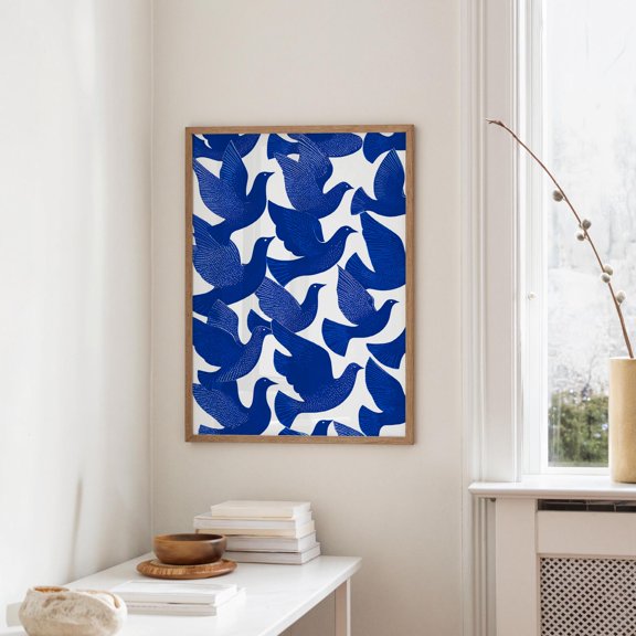 Blue Dove Pattern Art Poster In Minimal Style , Poster Print Only