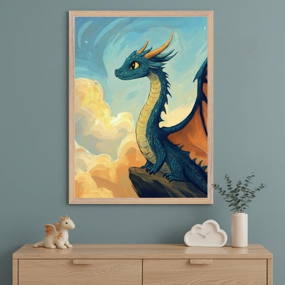 Blue Dragon Cute Fantasy Nursery Whimsical Mythical Creature Wall Decor Unframed Paper Print