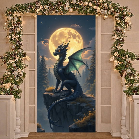 Blue Dragon Dragon Banner Green Winged Mythical Display Moonlit Forest Landscape Enchanted Backdrop for Fantasy Parties Photo Shoots Themed Celebrations