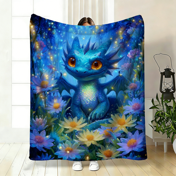 Blue Dragon Floral Sky-Themed Polyester Flannel Blanket – Soft, Warm Throw for Bed, Sofa, Travel, Camping – 3 Sizes