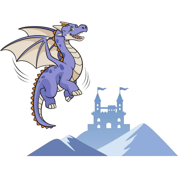 Blue Dragon Flying Over a Castle for Nursery Vinyl Wall Decal - Cute Mythical Beast in Old Times Drawing for Kid's Bedroom Wall Decor - 20" x 15"
