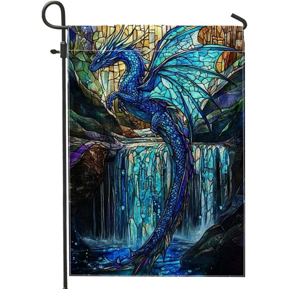 Blue Dragon Garden Flag Stained Glass Fantasy Double Sided Outdoor Lawn Decor 12 x 18 Inch