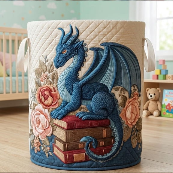 Blue Dragon Laundry Basket, Fantasy Dragon Hamper, Book Lover Laundry Bin, Dragon Lover Gift, Bedroom Storage Basket Decor, Book Floral Gift