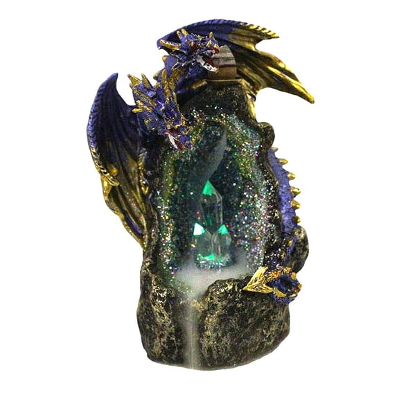 Blue Dragon On Faux Geode Crystal Mountain LED Backflow Incense Burner Figurine