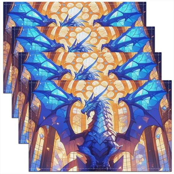 Blue Dragon Placemat Set of 4(12"x18"),Gothic Western Animal Mystic Outdoor Indoor Place Mats,European Style Vintage Window Patchwork Washable Table Mats,Personalized Gifts