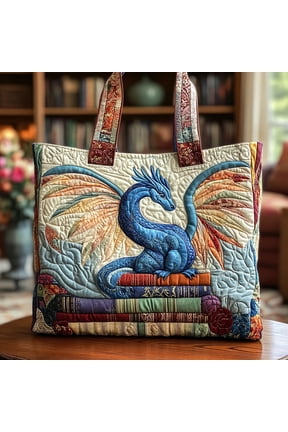 Blue Dragon Quilted Tote Bag, Fantasy Creature Pattern Shoulder Tote, Whimsical Bookish Market Bag
