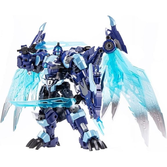 Blue Dragon Style Transformable Mecha Action Figure, Posable Robot Toy with Transparent Cyan Wing & Frost Effect Weapon Accessories, Play & Display Collectible Gift for Boys Teens Hobbyists
