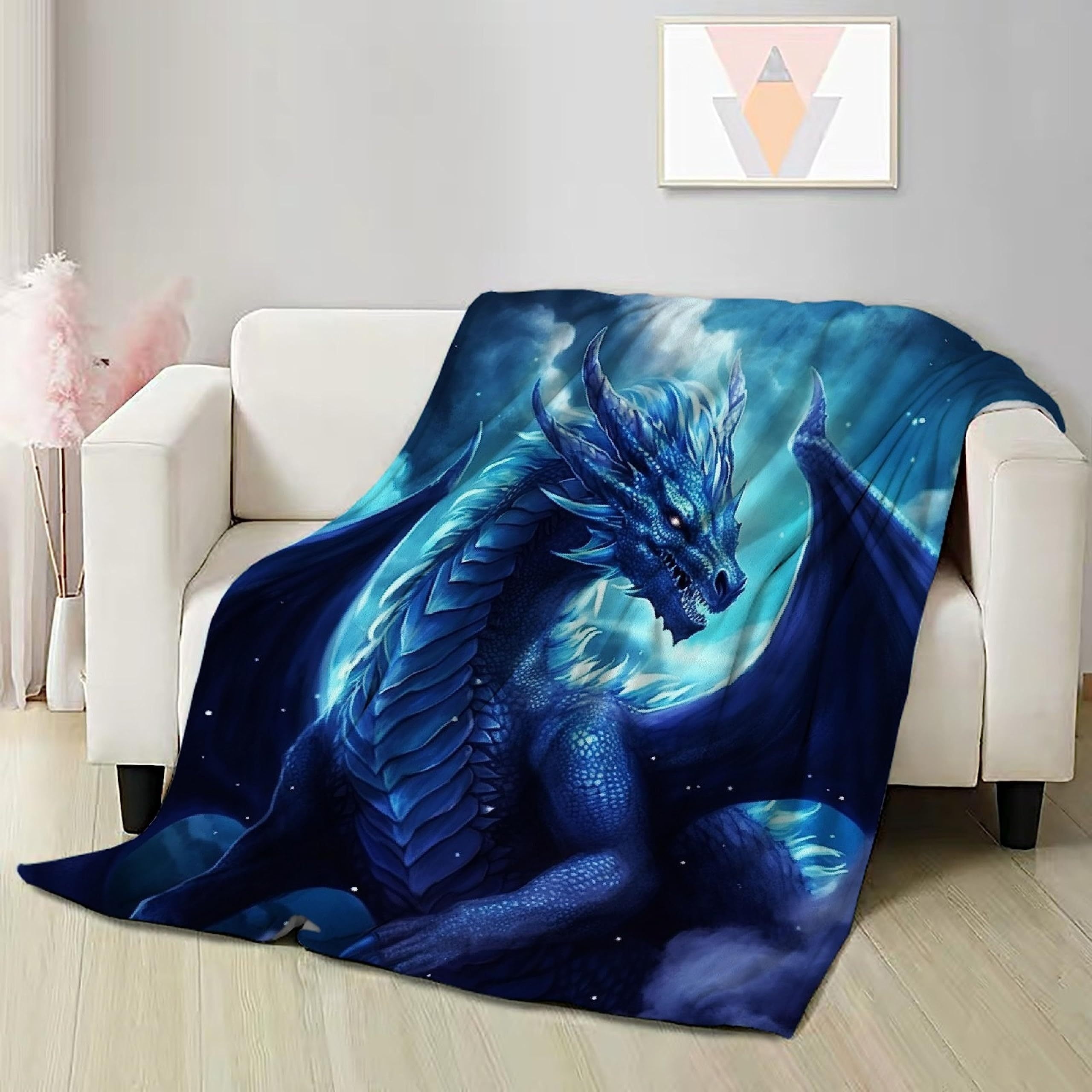 Blue Dragon Throw Blanket Dragon Blanket Gifts for Dragon Lovers Soft Flannel Blanket Gifts Woman Man Blue Dragon Blanket for Living Room Sofa Decor
