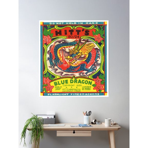 Blue Dragon: Vintage Fireworks Label Circa 1935 Poster Wall Art, Modern Wall Decor For Living Room Bedroom, 12x18 UNFRAMED