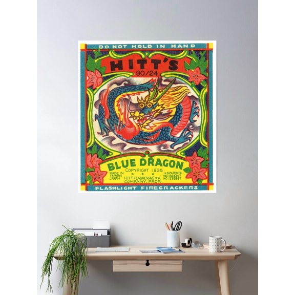 Blue Dragon: Vintage Fireworks Label Circa 1935 Poster Wall Art, Modern Wall Decor For Living Room Bedroom, 8x12 UNFRAMED