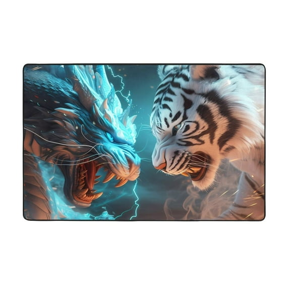 Blue Dragon and White Tiger Shaggy Area Rug, Rugs for Living Room Bedroom Non Slip Door Mat Indoor Carpet Machine Washable Nursery Home Decor Floor Mats for Entryway 60x39in-#