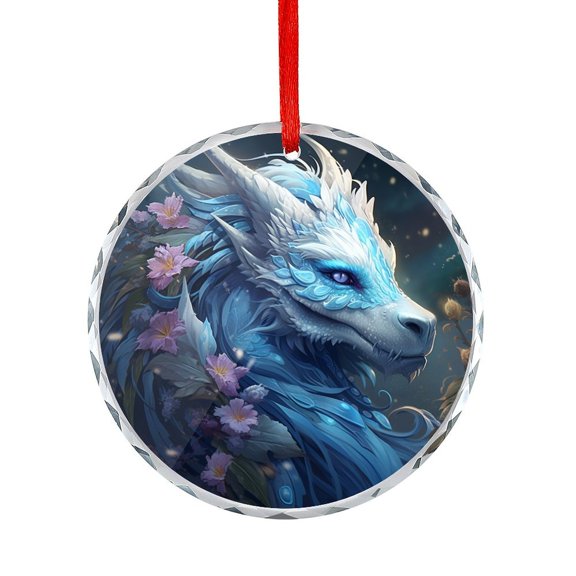 Blue Dragon With Flowers Glass Ornament for Xmas Tree Traditional Exotic Dragon Glass Round Ornaments