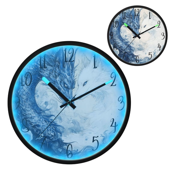 Blue Dragon and White Fox Luminous Wall Clock with Sound-Activated LED 12-Inch Silent Acrylic Timepiece for Bedroom Livingroom or Office