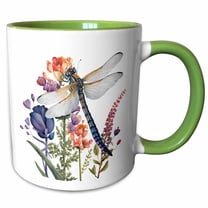 3drose, Blue Dragonfly and Flowers Illustration, 15oz Two-tone Green Mug