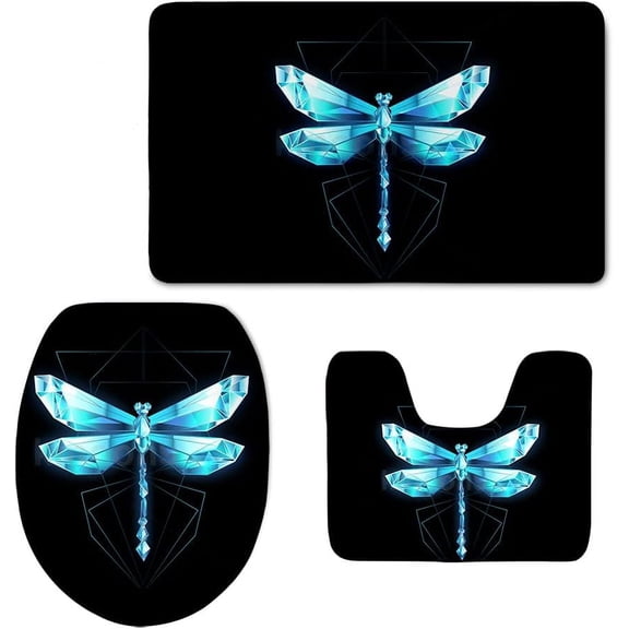 Blue Dragonfly Bathroom Mats Home Decor Washable Bath Rug for Toilet Lid Cover Non Slip Contour Rug U Shaped Floor Mats