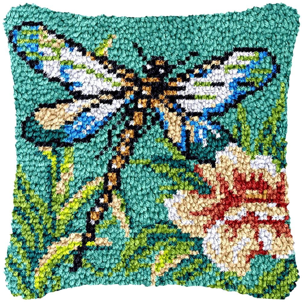 Blue Dragonfly and Flower Latch Hook Pillow Kits for Beginner Needle Crochet Yarn Kits with Stamped Canvas Embroidery Cushion Hook and Latch Throw Pillow Home Sofa Decoration 43x43cm