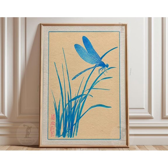 Blue Dragonfly Japanese Minimalist Insect Botanical Wall Art Print, Unframed Paper Poster 8x10in