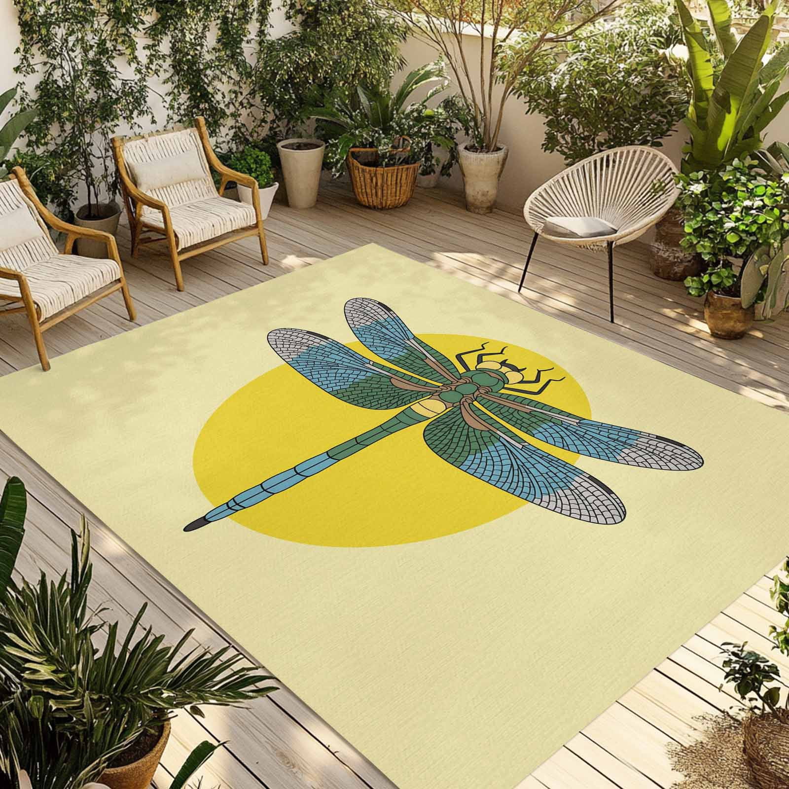 Blue Dragonfly Outdoor Rug 5x8 Ft - Reversible Patio Rug Outdoor