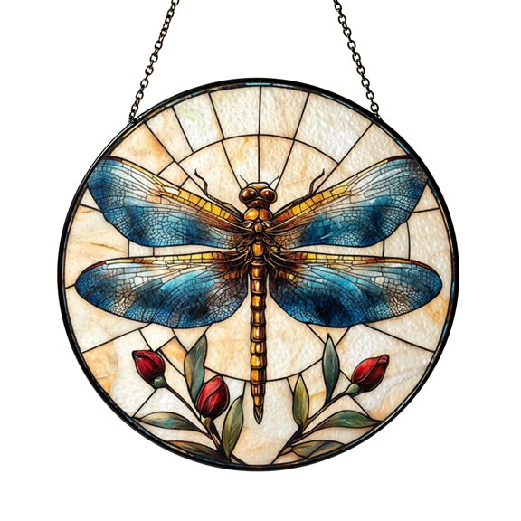 Blue Dragonfly Stained Glass Suncatcher Round Window Hanging, Elegant Insect Nature Decor, Peaceful Home Accent Gift for Nature Lovers