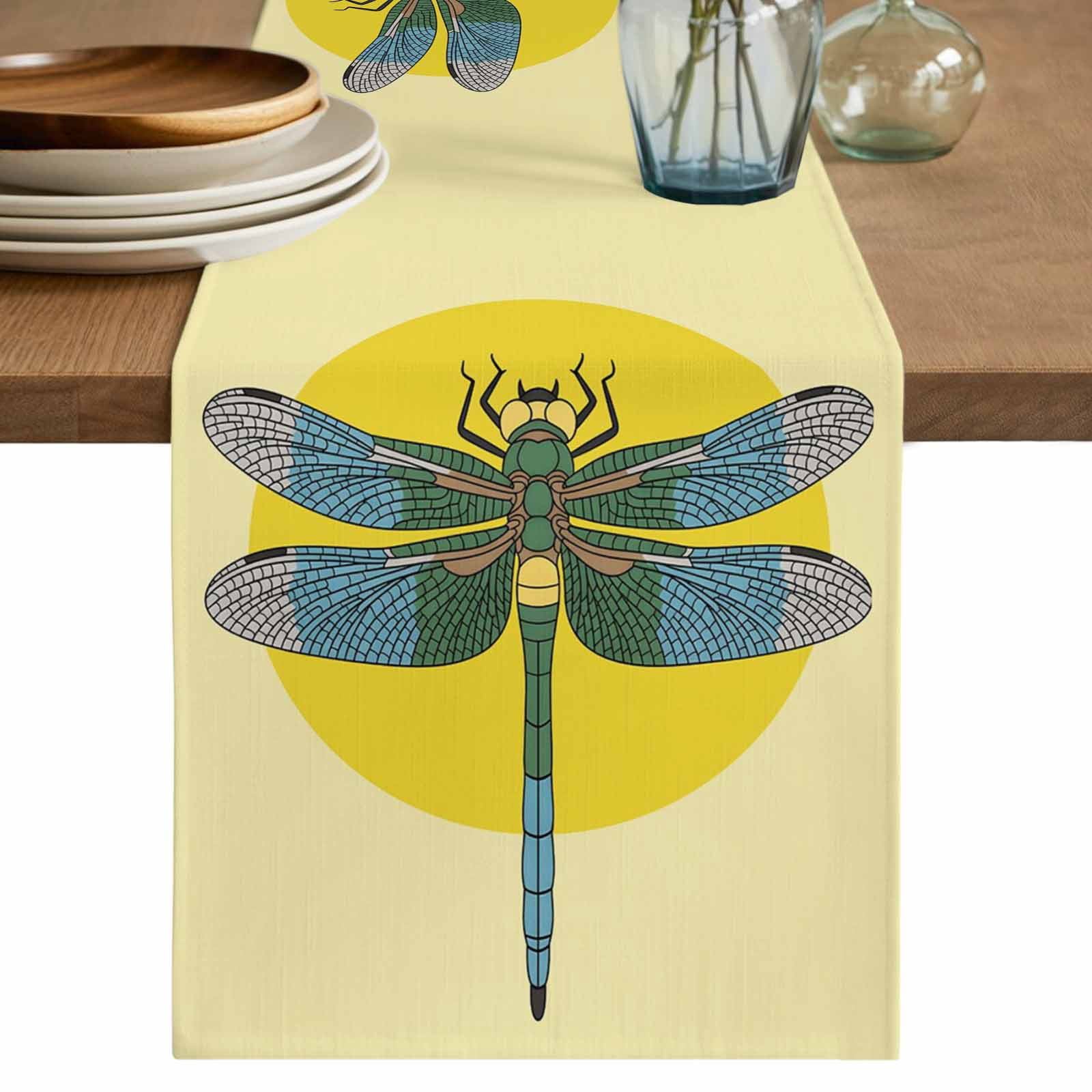Blue Dragonfly Table Runner, Yellow Vintage Art Washable Cotton Linen ...