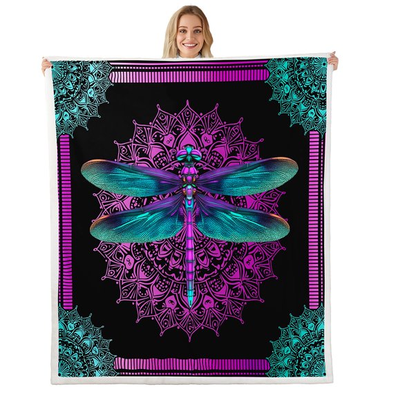 Blue Dragonfly Throw Blanket for Couch Boho Animal Fleece Blanket, Chic Purple Mandala Sherpa Blanket Hippie Floral Flower Blanket, Black Blue Purple Neon Bed Blanket for All Seasons Breathable