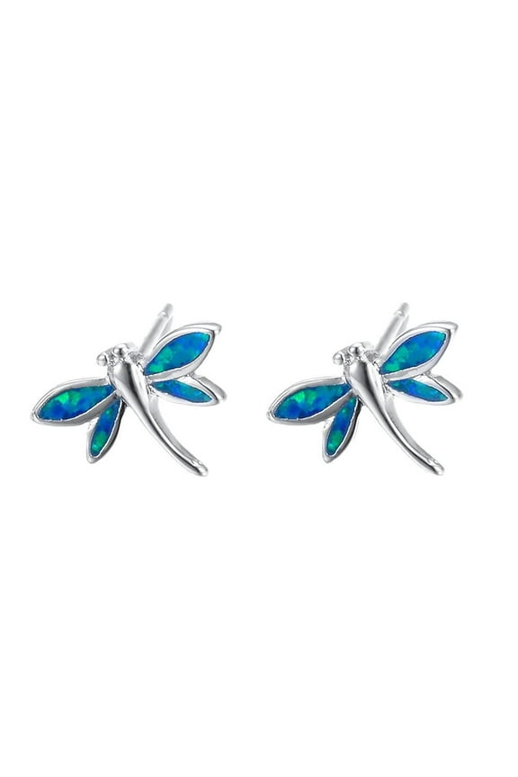 Blue Dragonfly Tiny Stud Earrings 925 Sterling Silver Pin Created Opal Small Cartilage Earring Statement Studs for Women