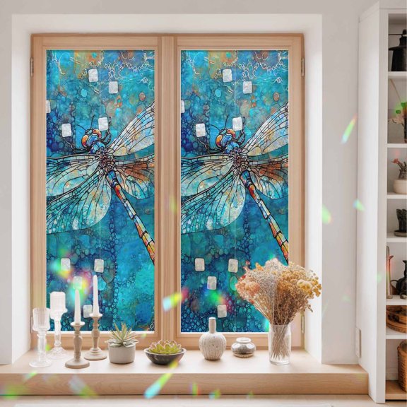 Blue Dragonfly Window Privacy Film Country Vintage Watercolor Dragonfly Wings Static Cling Stained Glass Window Film Non-Adhesive Decorative Decals Rainbow Sticker 23.6"X59"