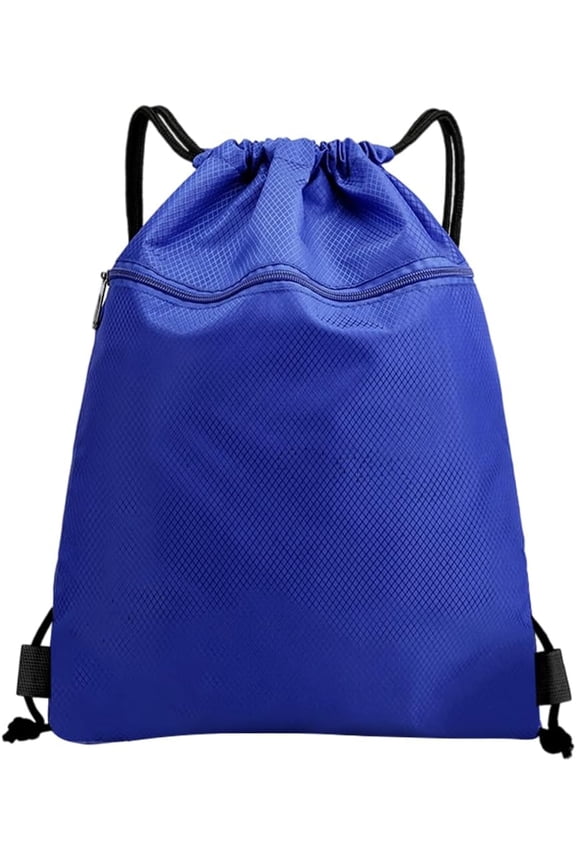 Blue Draw String Backpacks Waterproof Drawstring Bag with Zip Pocket Oxford Cloth Lightweight Sports Gym Storage Back Cinch Sack Knapsack