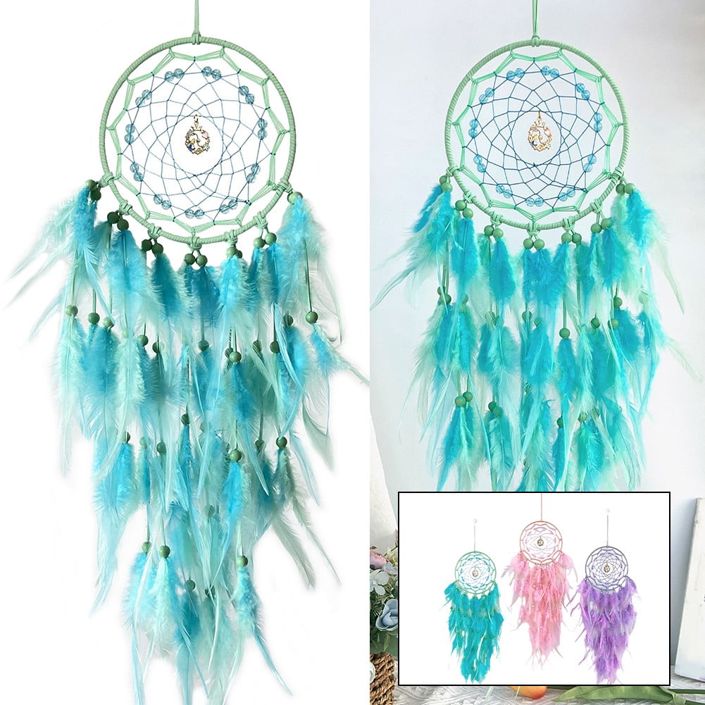 Small Green Dream Catcher With Feathers - Bedroom Wall Hanging Decor